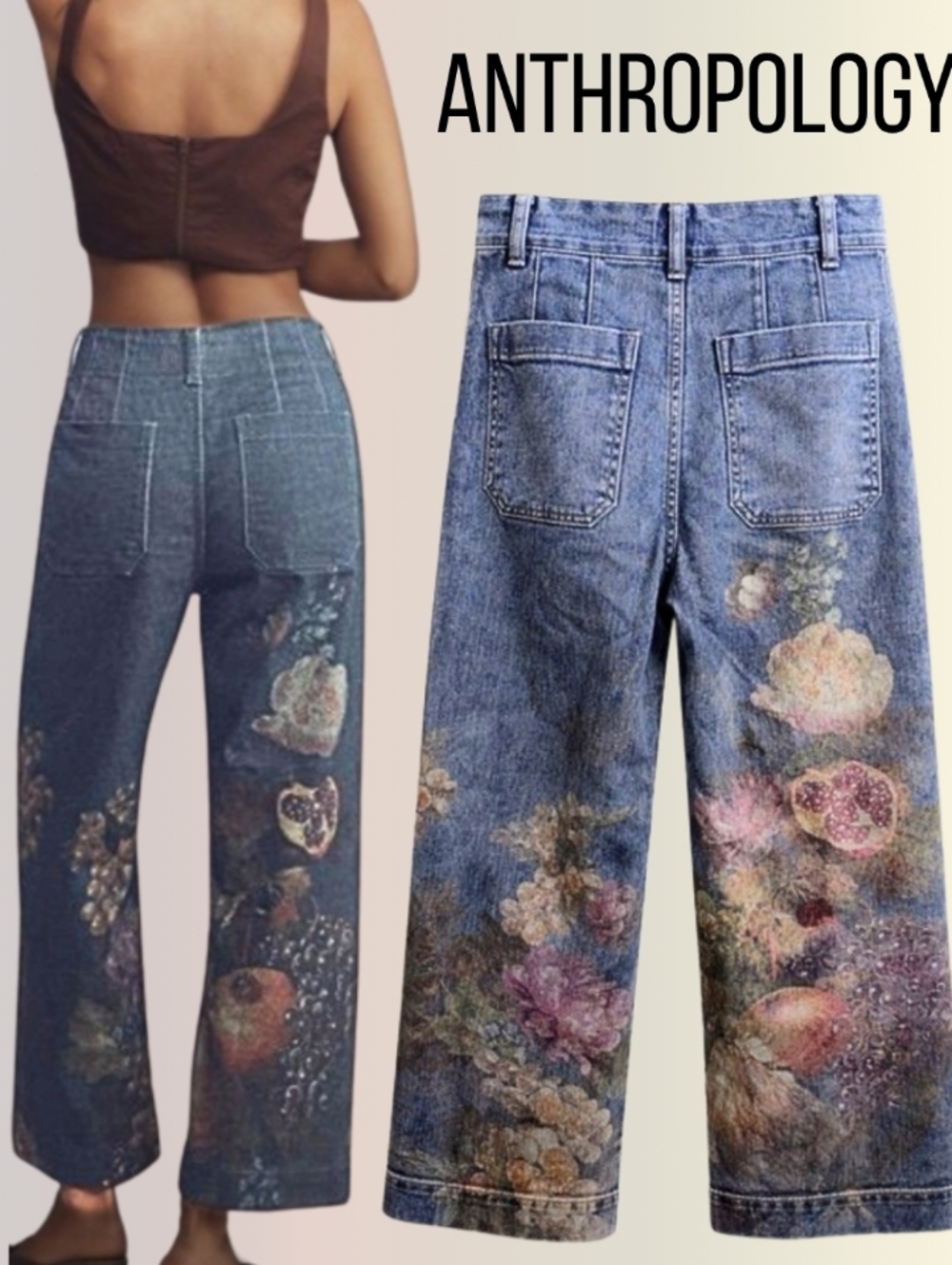 Anthropology Floral Wide-Leg Jeans Vintage Washed Blue Multi Colored Length 25" - Picture 2 of 5